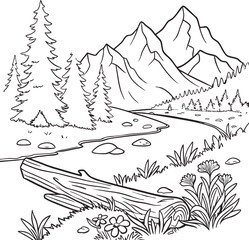 Fototapeta premium Beautiful mountain Landscape vector illustration for kids coloring page