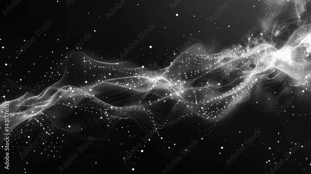 Poster futuristic digital network visualization with glowing nodes and lines on a dark background. abstract