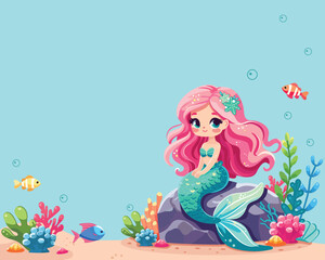 Illustration of a Beautiful mermaid girl with beautiful eyes sitting on a rock. Poster, Banner, Flyer, Greeting Card. Vector Illustration on blue background in Flat style