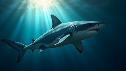 Fototapeta premium Great blue shark and sun rays
