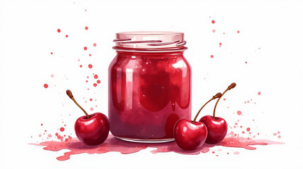 Jar of cherry jam with fresh cherries on white background with red watercolor stain