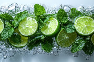 Refreshing lime slices and mint leaves floating in clear water with bubbles