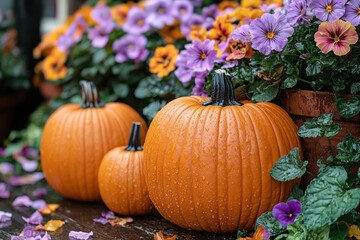 Pumpkins surrounded by vibrant flowers on a rain-kissed garden platform