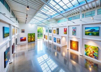 Obraz premium Modern Art Gallery Interior Drone Photography: High-Ceiling Spacious Exhibition Hall