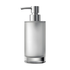 Obraz premium Sleek, modern glass soap dispenser with a pump, placed on a bathroom counter, surrounded by soft lighting and towels