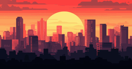 Fototapeta premium Vibrant Sunset Over City Skyline: Minimalist Vector Illustration