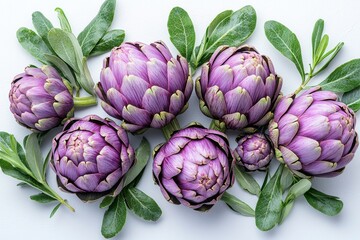 Fototapeta premium Flat lay of purple artichokes and green leaves on a white background