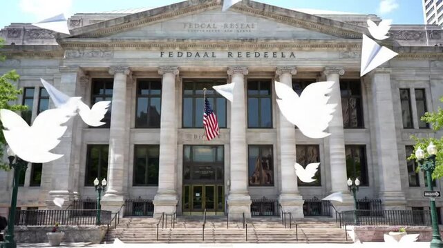 Federal Reserve Bank Building with Flying Paper Airplanes and Twitter Birds: A Visual Metaphor for Communication and Financial News