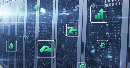 Data center cabinets displaying binary code while floating green icons showing metrics in 3D - Powered by Adobe