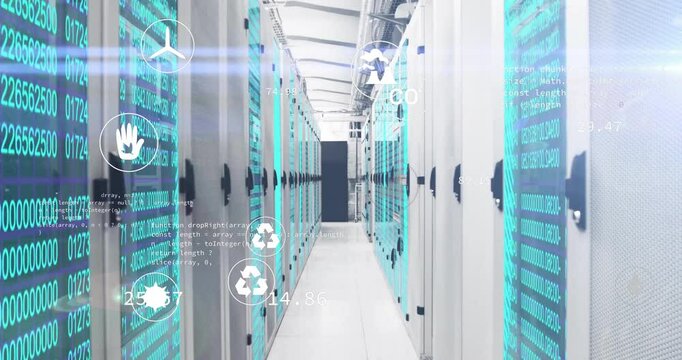 Modern data center aisle showing server racks flanking corridor, displaying code overlays and icons