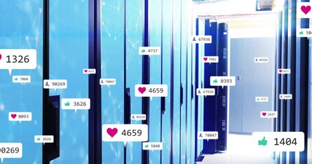 Server rack cabinets glowing in data center, showing floating social media icons, 3D render - Powered by Adobe