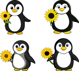 Naklejka premium Cute cartoon penguins holding sunflowers vector illustration elements set