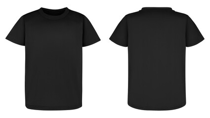 Black t shirt design isolated on white background. Blank Shirt template and mockup, for your logo. Two T-Shirt front and back view with short sleeve