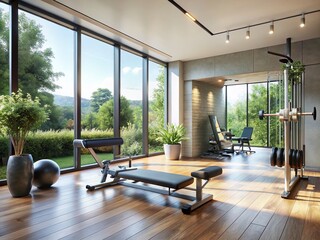 Fototapeta premium Modern Home Gym with Adjustable Bench & Natural Light - Inspiring Fitness Space