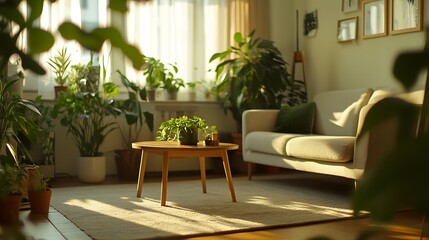 Sun-drenched living room filled with greenery and warmth.