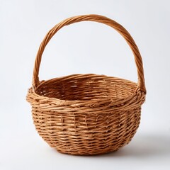 Wicker woven basket with handle on white background