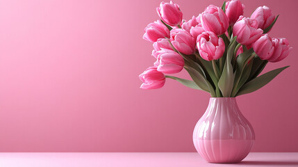 Obraz premium Bouquet of pink tulips in a pink vase on a pink surface against a bright minimal background, symbolizing renewal, femininity, and the gentle joy of springtime simplicity and elegance