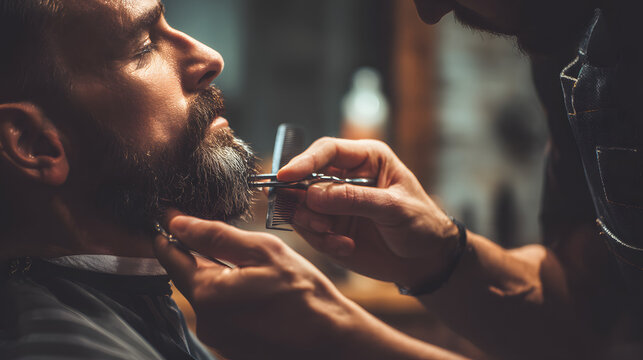 Close-up of a bearded man getting his beard trimmed and shaped by a barber in a vintage-style barbershop. Precision grooming for modern style.