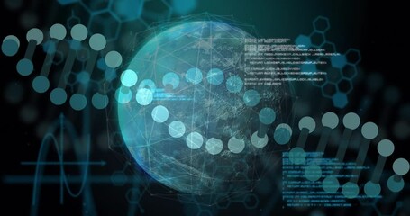 Earth globe floating at center, network mesh glowing, DNA helix dots rotating, waveform scrolling - Powered by Adobe