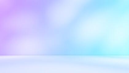 Empty purple pink blue paste room studio with leaves shadow effect overlay. Sunlight effect shadows through window. Product presentation display room. Cosmetic showroom. Minimal mock up backdrop.