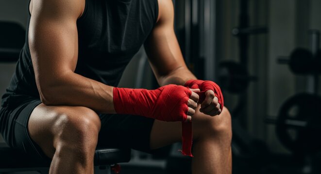 Close-up of hands being wrapped with red boxing tape, sitting on a bench. Muscular arms, gritty environment, blurred background of gym equipment. - Powered by Adobe