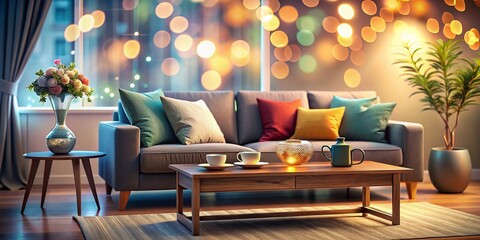Modern Living Room Interior Design, Cozy Apartment Bokeh Blurred Background