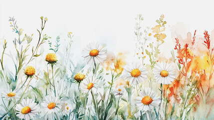 Elegant wedding invitation card background . Minimal hand painted watercolor Chamomile flowers texture template background. Design for wedding, vip cover, poster, rsvp moderncard.Valentine's Day

