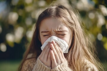 Young girl sneezing and blowing nose from allergy