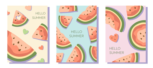 Bright summer posters with juicy illustrations of watermelon pieces and hearts. Vector fruits backgrounds for flyers, web design, sales, marketing, cards, invitations.