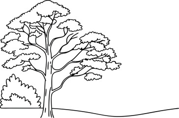 Minimalist Tree Line Art Illustration With Bush And Simple Ground Design