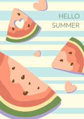 Summer poster with juicy illustrations of watermelon pieces and hearts on striped background. Vector fruit design for backgrounds, flyers, web design, sales, marketing, cards, invitations.