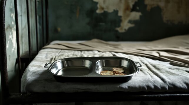 High resulation image of prison food tray waiting on metal bed frame.