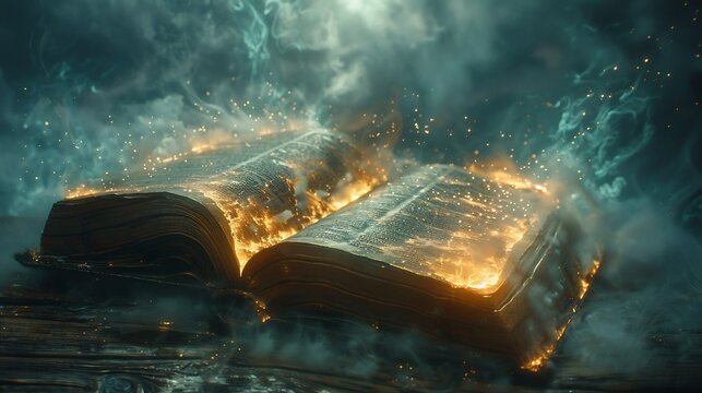 Hyper realistic portrayal of Book of Enoch highlighting enochian literature ancient scriptures depiction of fallen angels Nephilim set against a background with futuristic elements and writing space