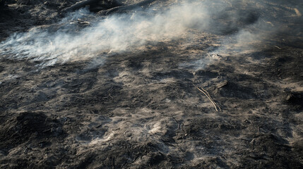 Aftermath of a fire with smoke and ash