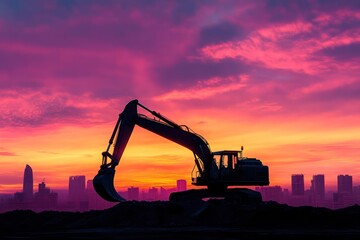 Excavator silhouette at sunset with city skyline