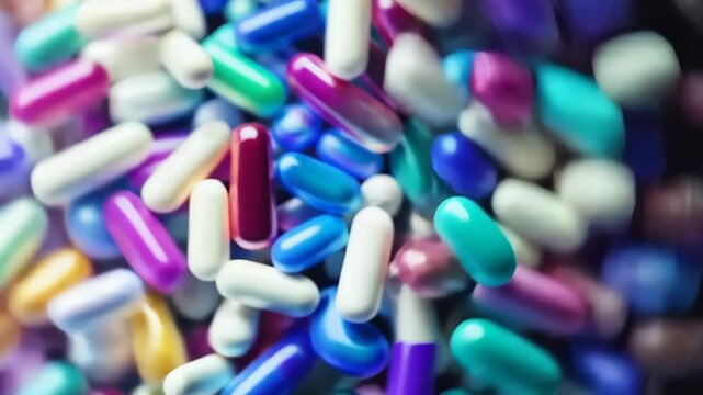 Background with pills and capsules in neon blue and purple colors. Medical drug or dietary supplement concept