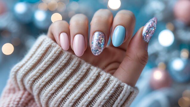 Elegant Pastel and Glitter Winter Nail Art Design