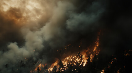 Forest fire with smoke and flames rising