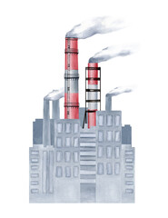 Smoke stacks against the backdrop of grey multi-storey buildings, toxic steam polluting the city. Watercolor illustration isolated on white. Pollution air concept, international Climate Day, poster