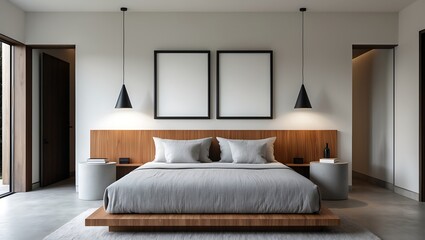 Modern Minimalist Bedroom Design with Wooden Platform Bed and Artwork