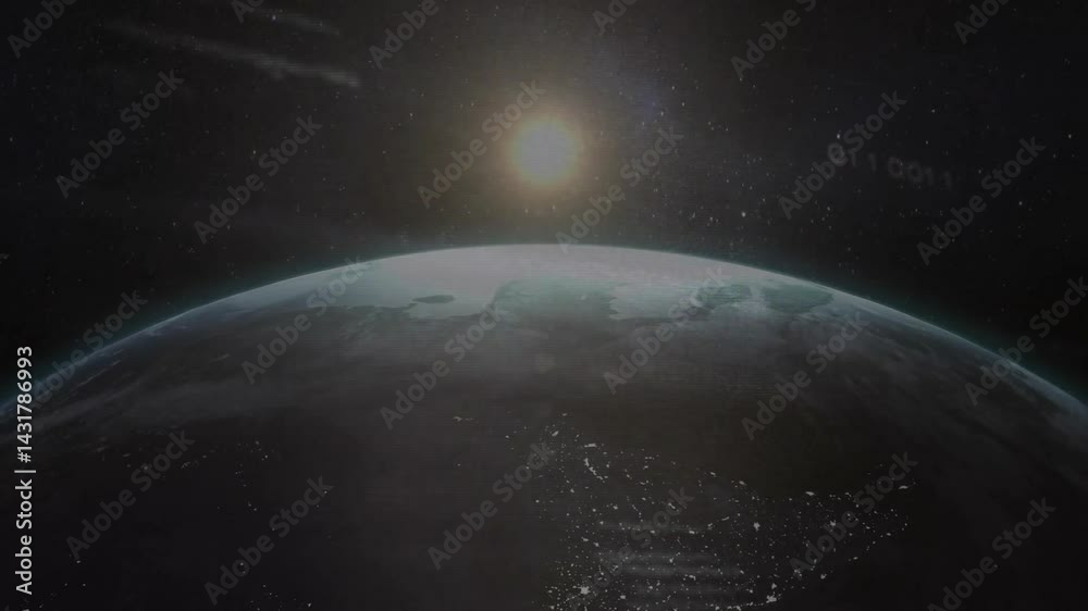 Wall mural planet earth drifting across cosmic void in 3d render, showing solar glow and digital code overlay
