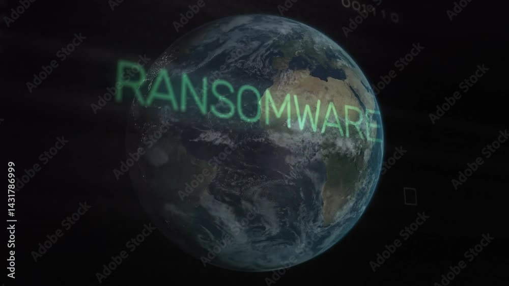 Poster 3d earth globe spinning through dark space, displaying ransomware overlay with binary digits