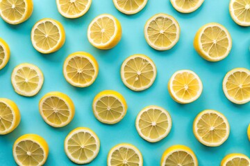 Obraz premium Summer food pattern made with yellow lemon slice on bright light blue background.
