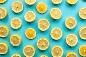 Obraz premium Summer food pattern made with yellow lemon slice on bright light blue background.