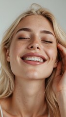 Naklejka premium A close-up of a young woman with a radiant smile, showcasing her happiness 