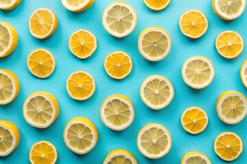 Obraz premium Summer food pattern made with yellow lemon slice on bright light blue background.