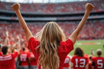 Female football fan cheering from stadium seats