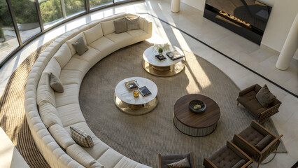 Fototapeta premium Living room with curved sofas and coffee tables