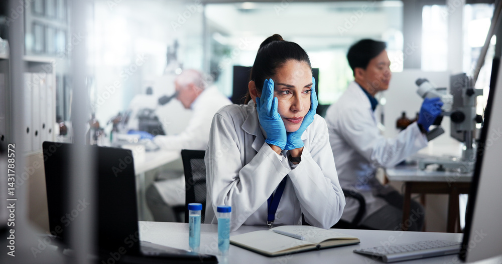 Poster lab, scientist and woman with stress, computer and disappointment for failed experiment and reading.