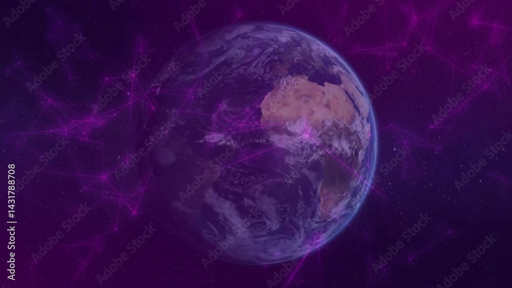 Wall mural rotating planet earth through purple network, glowing nodes connecting continents in 3d render